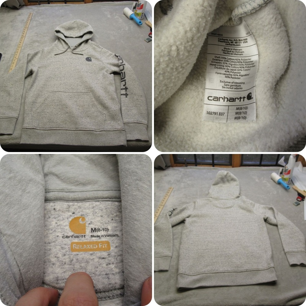 Carhartt Hoodie‎ Youth Medium 8/10 Heather Gray Relaxed Fit Logo Sleeve Graphic